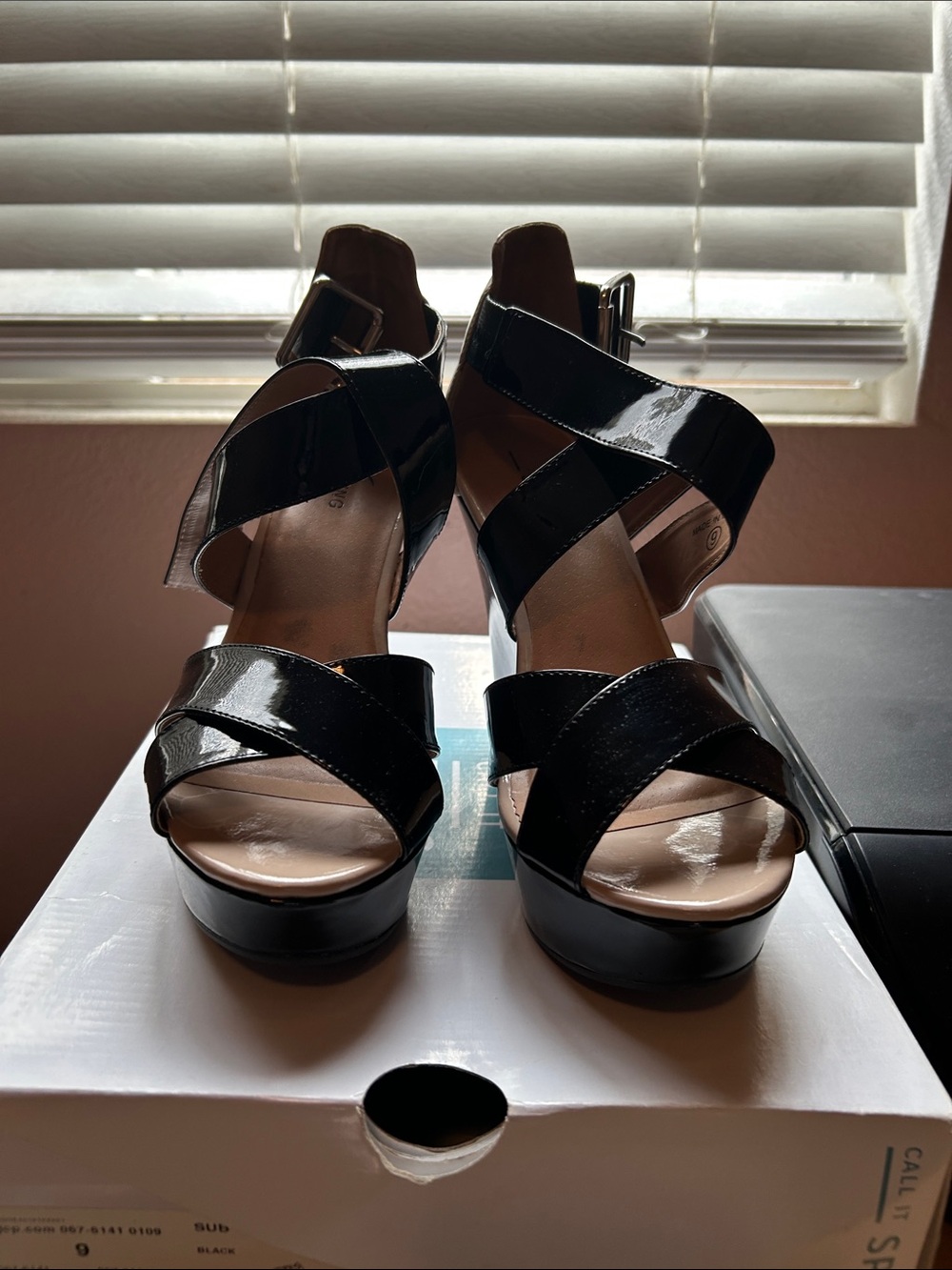 Black Patent Strappy Platform Sandals - Women